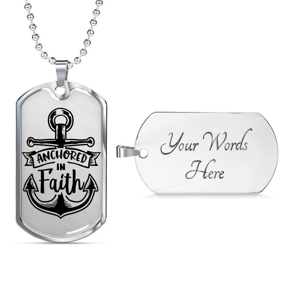 Anchored In Faith Necklace Stainless Steel or 18k Gold Dog Tag 24" Chain